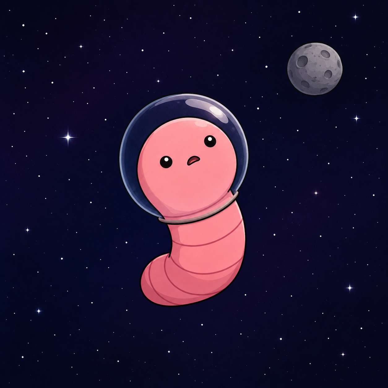 WORM floating in space in a round helmet