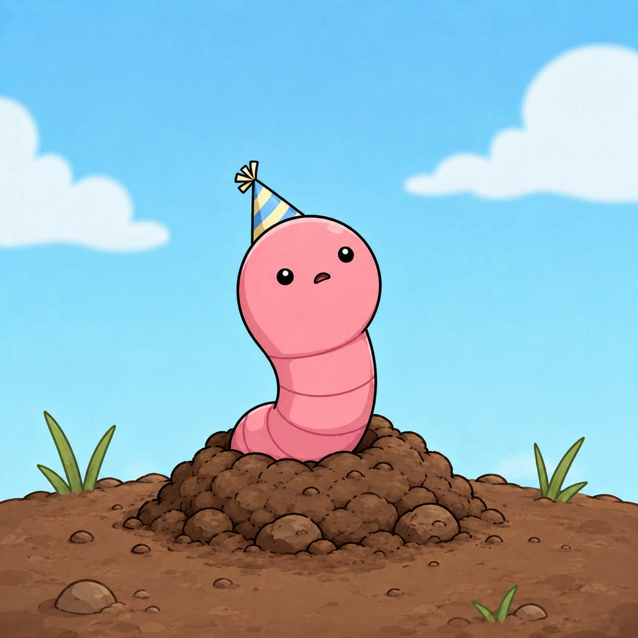 WORM wearing a tiny striped party hat