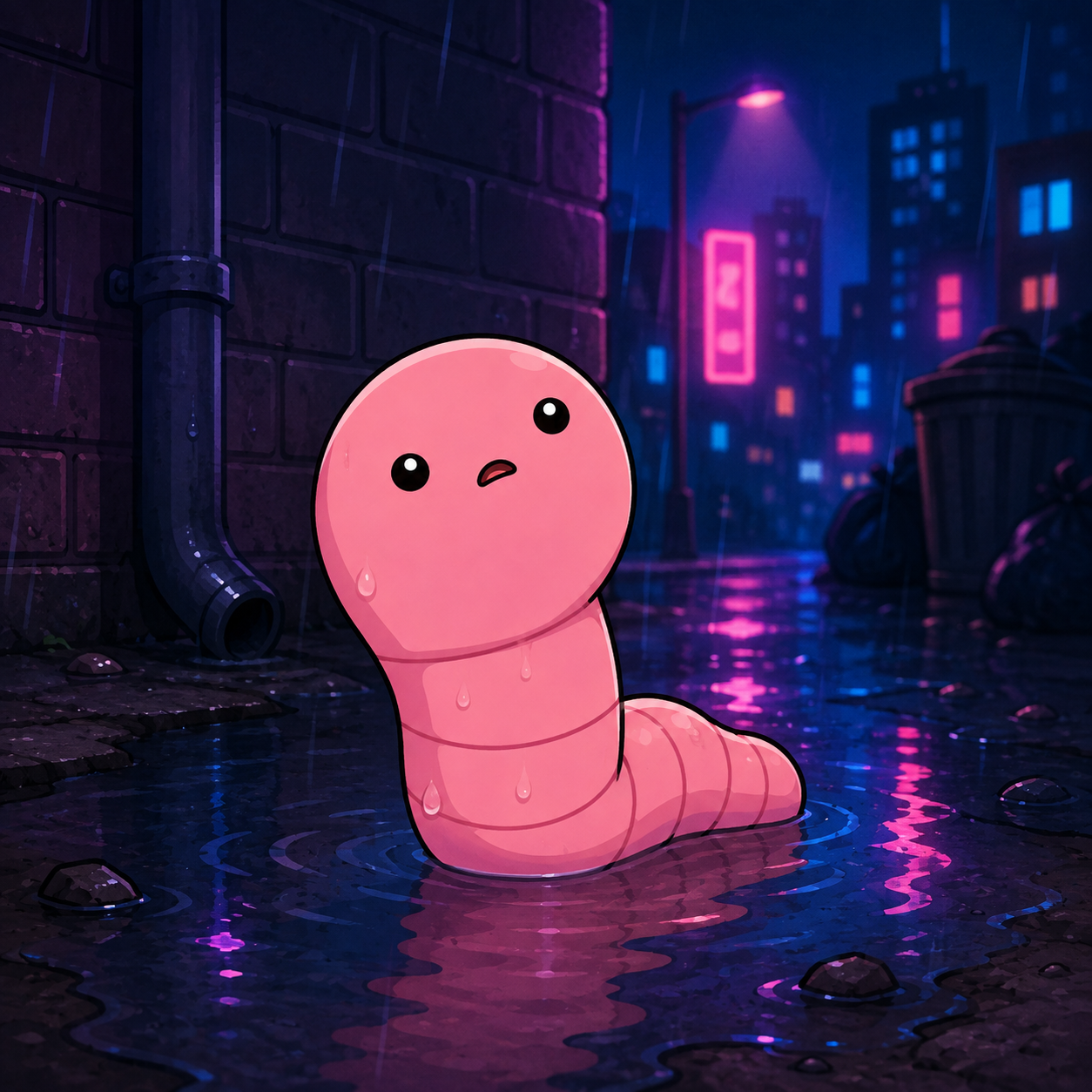 WORM sitting in the rain in a neon city
